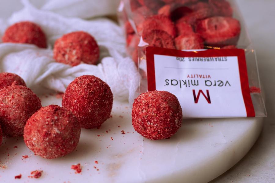 Strawberry bliss balls coated in freeze dried strawberries
